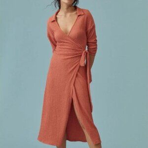 Anthropologie Orange Waffle Knit True Wrap Midi Dress